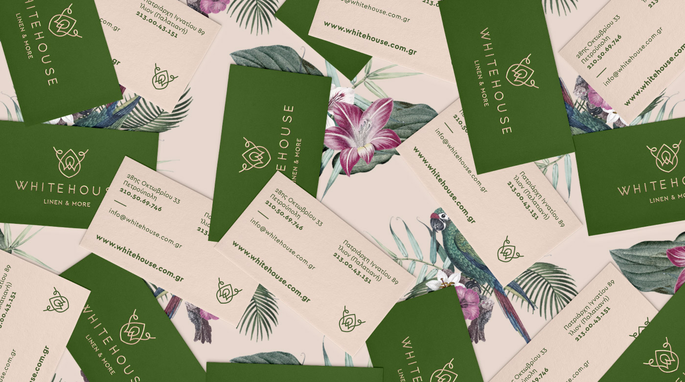 linen store logo design branding package floral tropical pattern business cards